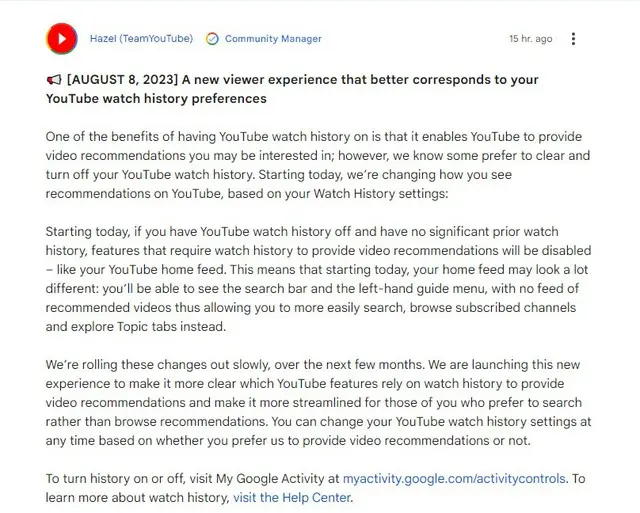 Google gửi thông báo về Youtube